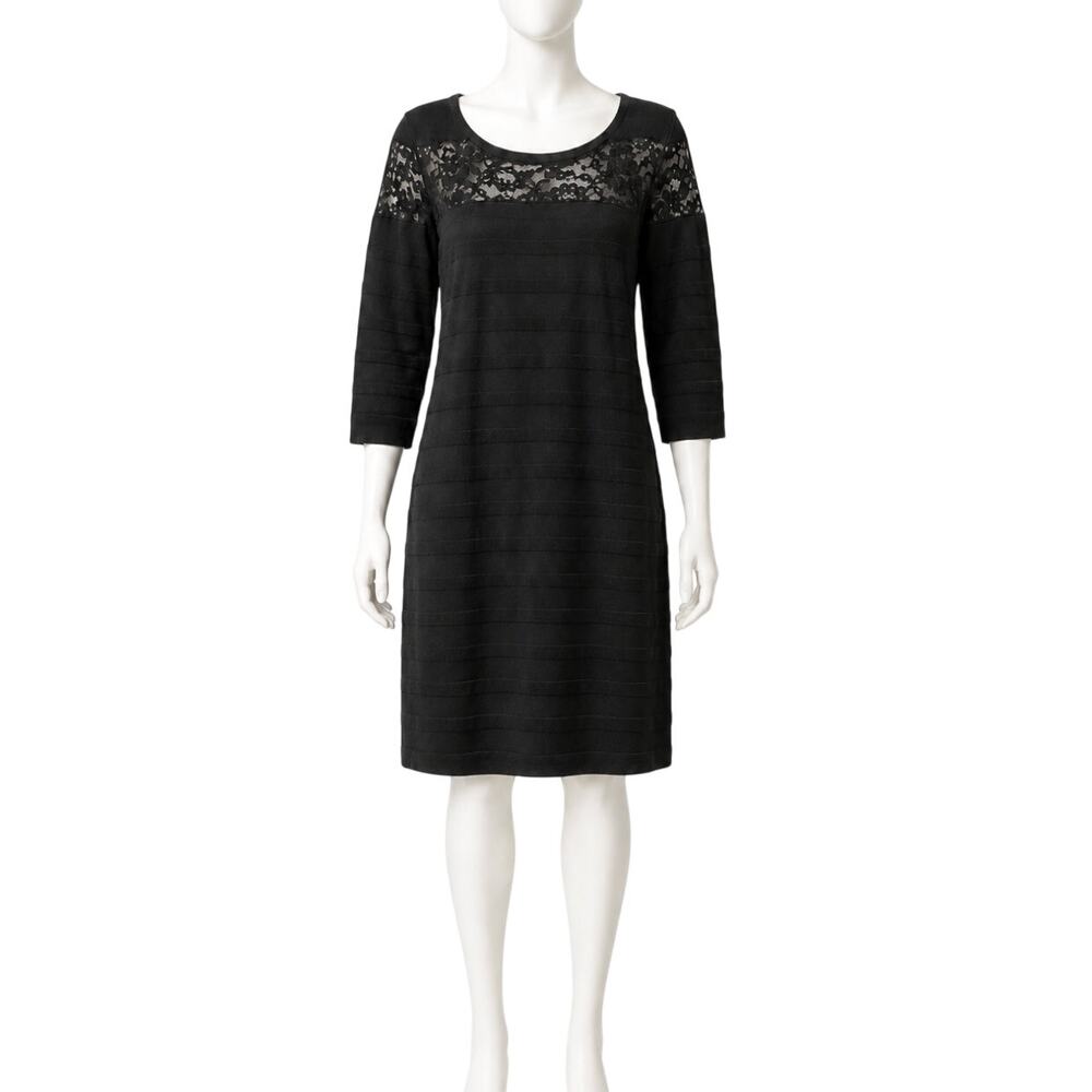 MNG Suit Women 12 Striped Lace Midi Long Sleeve Dess Scoop Neck Pullover Black